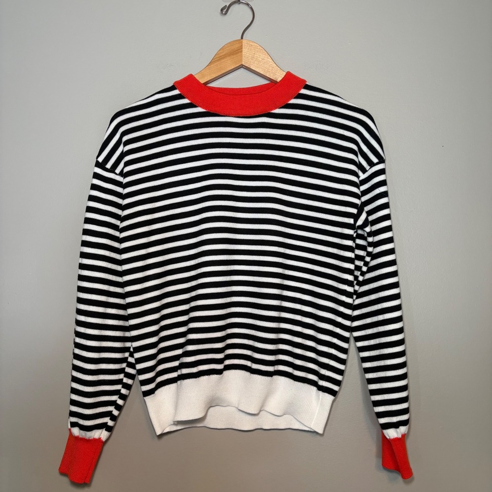 SHEIN Womens Striped Knit Two Piece Set Sweater and Midi Skirt Black White Red S - Picture 2 of 12